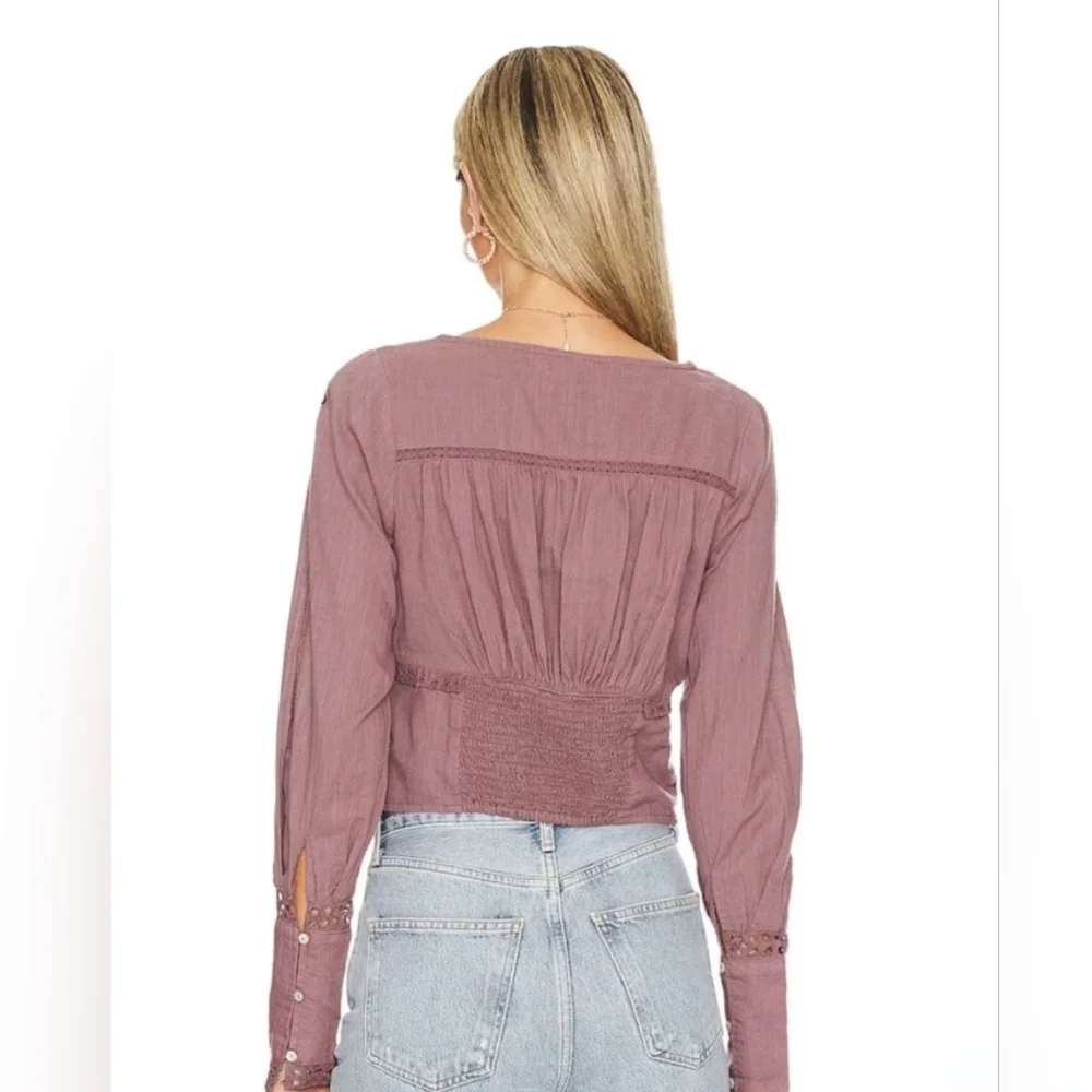 Free People Joi Bohemian Cotton Cropped Eyelet Blouse In Roan Rouge Size M NEW